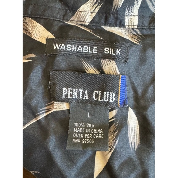 Penta Club Men's Washable Silk Short Sleeve Black Bamboo Print Shirt New Large - Picture 2 of 11